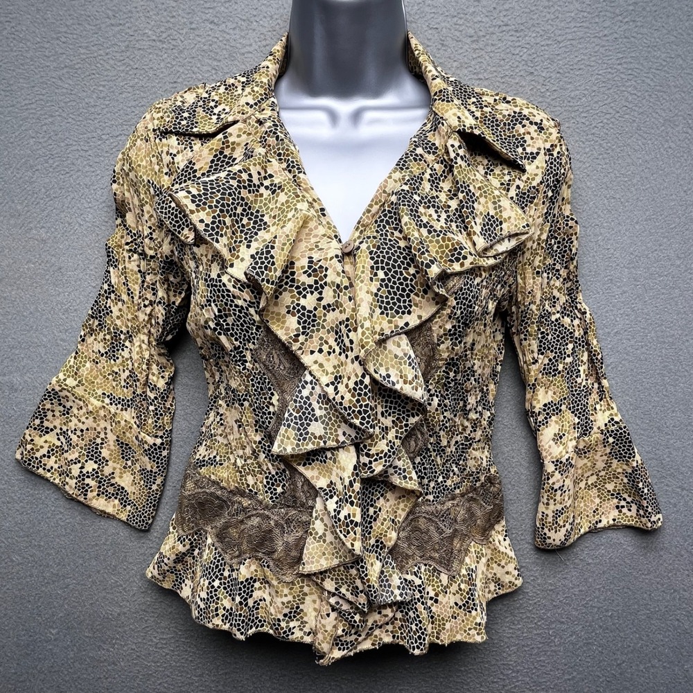 S.L.B. Petite Women Blouse Mosaic Print Ruffle Lace Trim PS Earth Tone Slim Fit